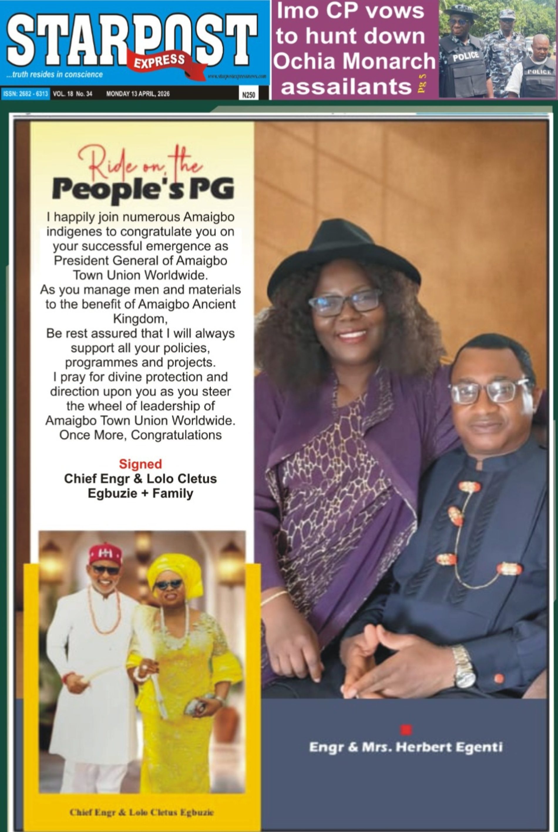 Engr & Lolo Cletus Egbuzie Family Congratulates Amaigbo Town Union New President General, Engr Herbert Egenti  …promises to support his policies, programmes, Projects 