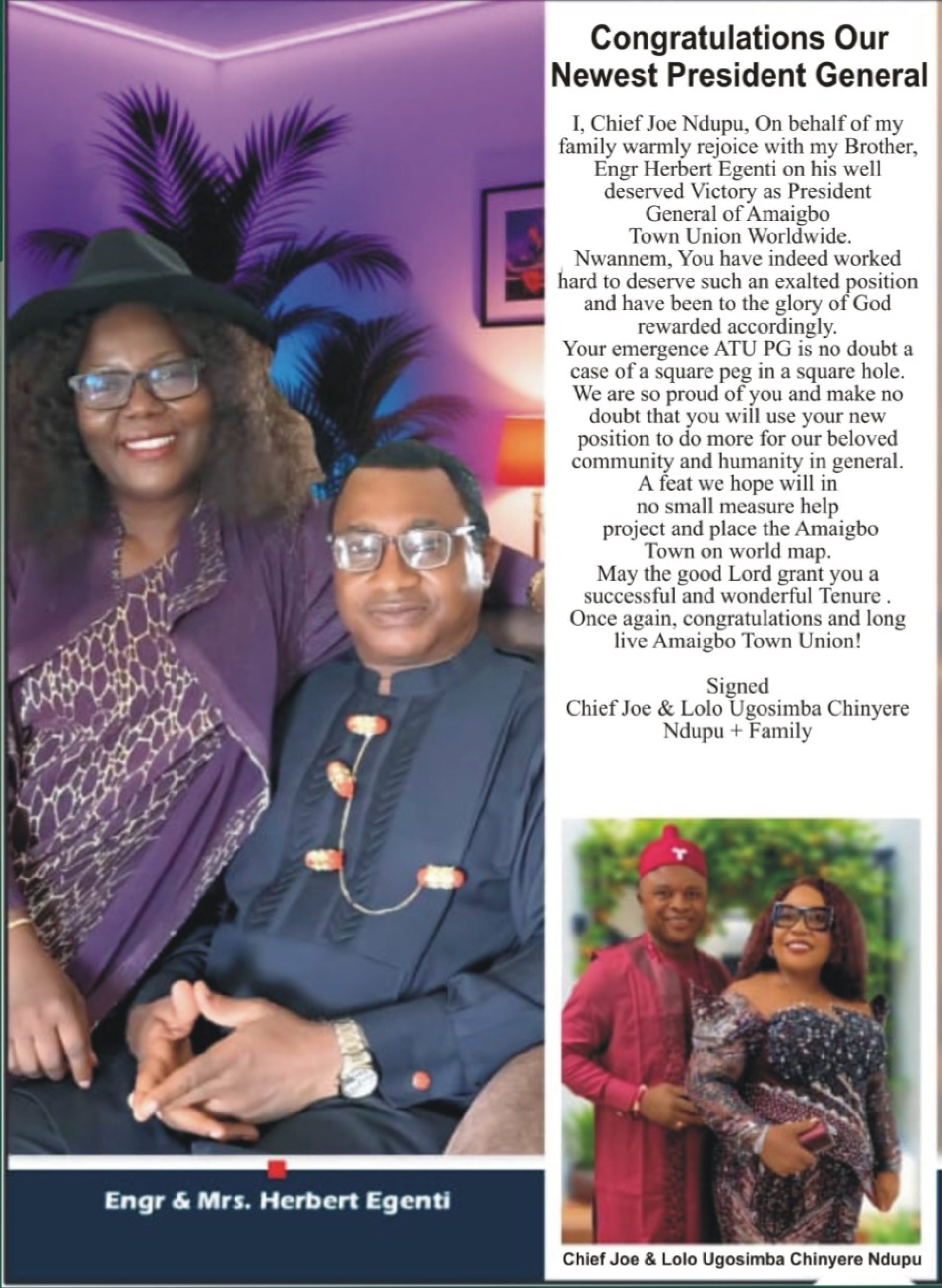 Chief Joe Ndupu Congratulates New Amaigbo Town Union President General, Engr Herbert Egenti … describes his emergence as square peg in a square hole