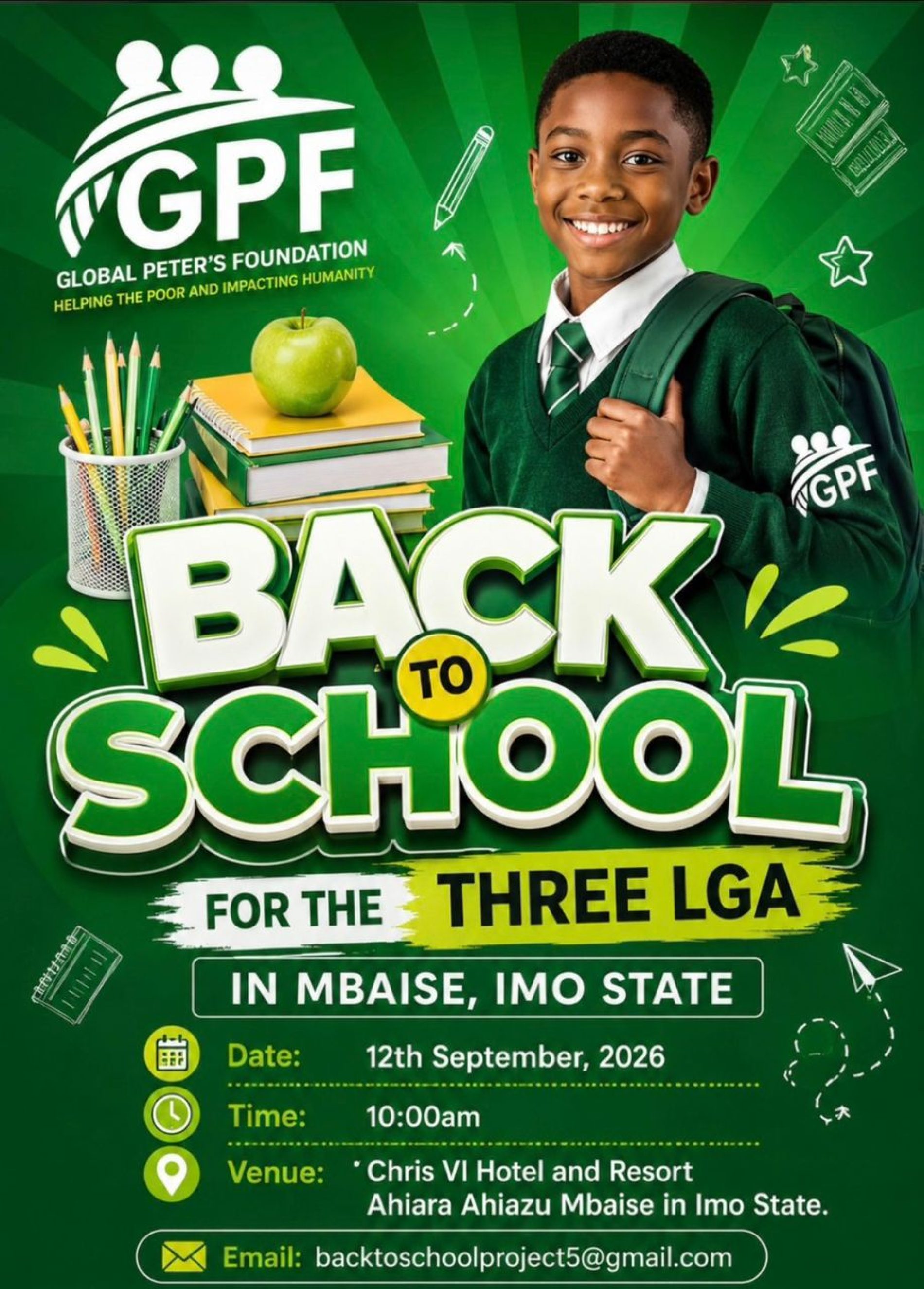 Global Peter’s Foundation Announces Annual Back-To-School Programme for September 12   -Over 5,000 Students to Benefit from Educational Support — Founder Assures Continuity