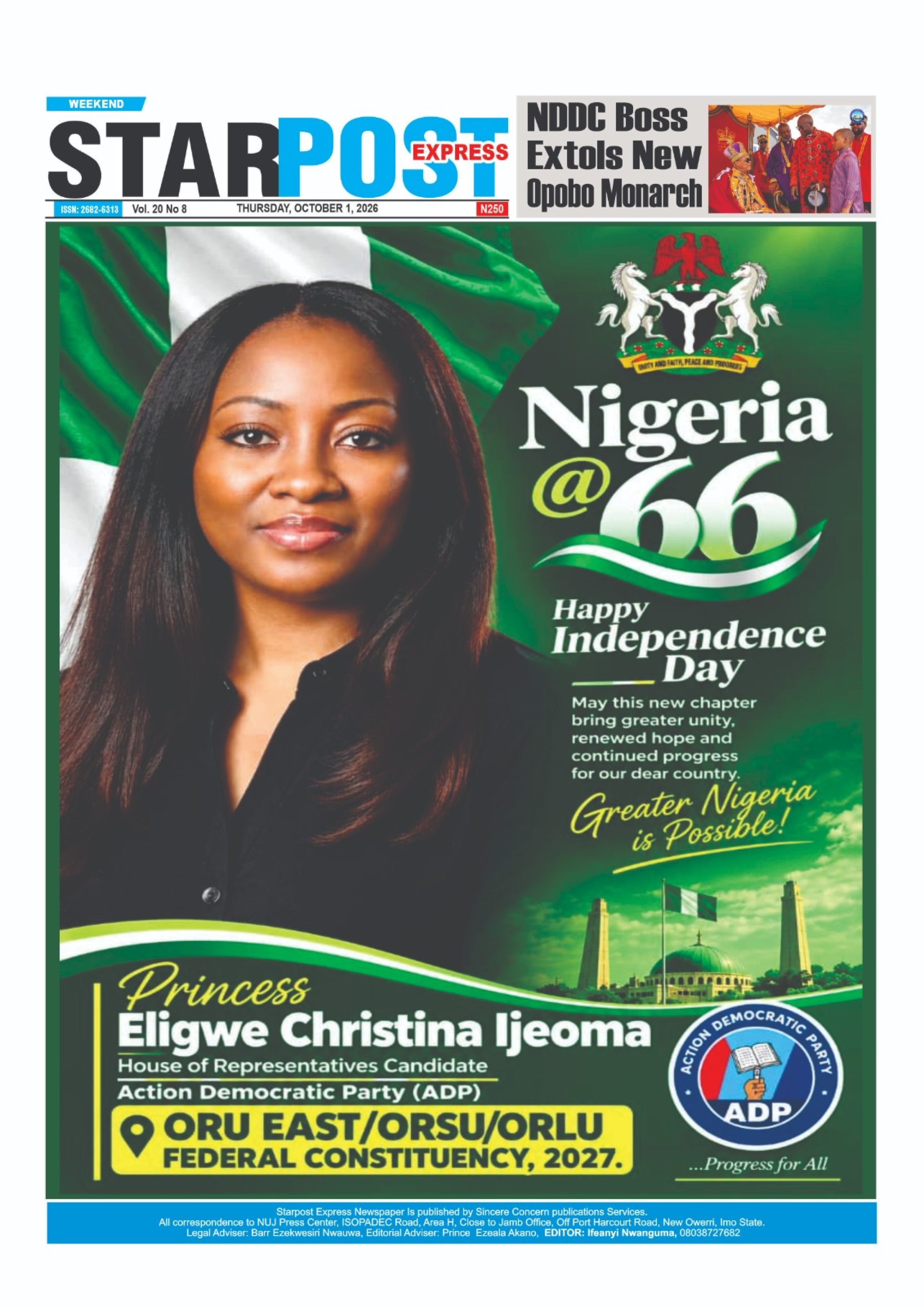 Nigeria @ 66:   ADP Candidate, Princess Christina Eligwe Ijeoma Felicitates with the People of Oru East/Orsu/Orlu Federal Constituency …says greater Nigeria is Possible